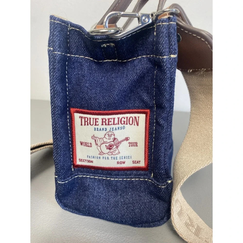 TRUE RELIGION Blue Denim Logo Mini Tote Purse Bag Adjustable Crossbody Strap NEW